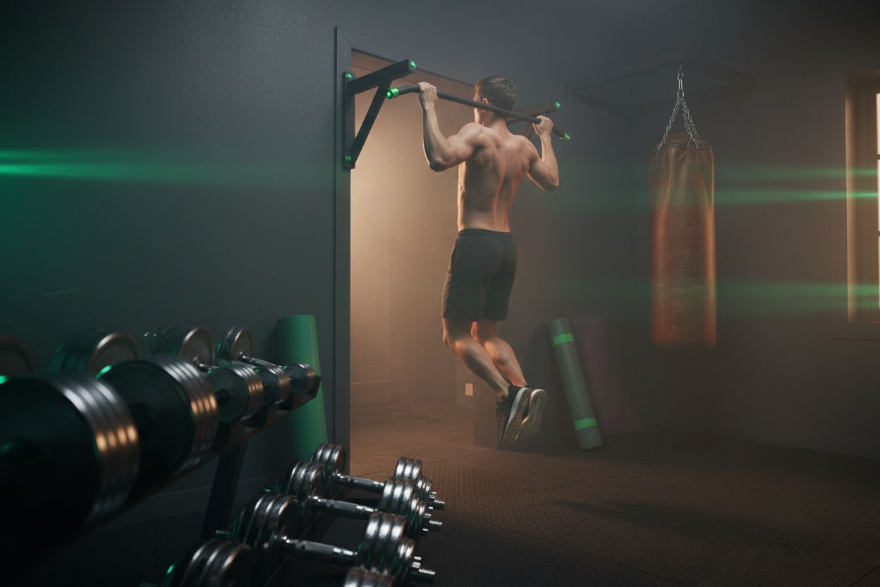 Home gym setup with dumbbells and pull-up bar