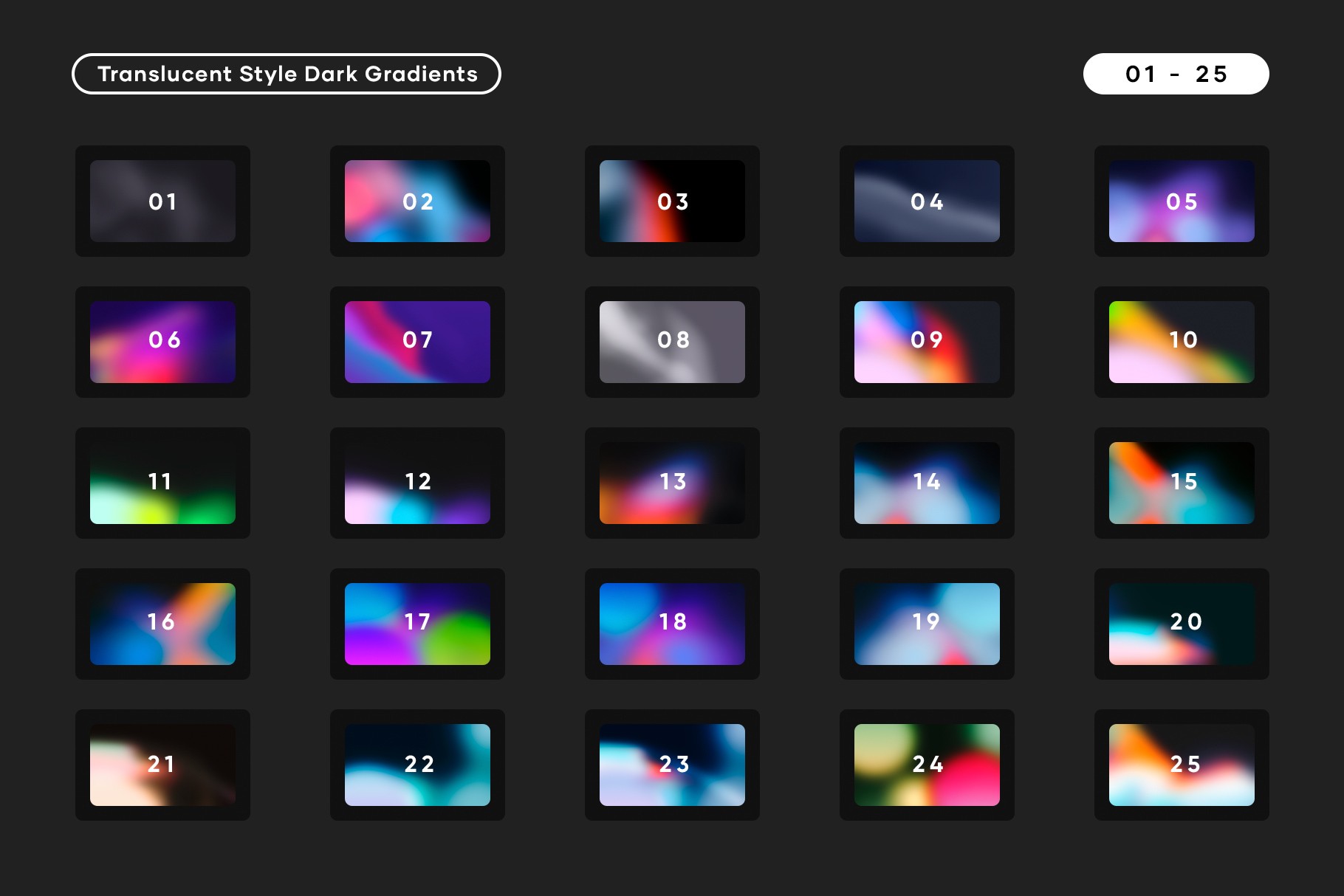 Preview of 25 dark gradient backgrounds from the Translucent Gradient Pack.