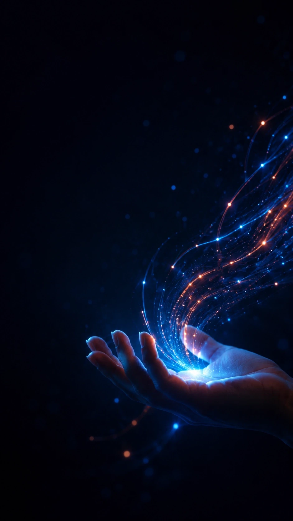 Mobile hero background with futuristic blue and orange digital energy flowing from a hand for Lumis digital agency