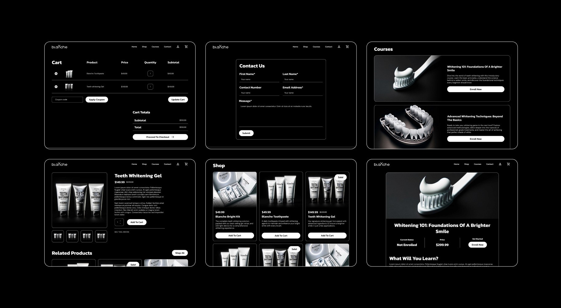 Six webpage screens from the Blanche website, showing an e-commerce cart summary, a contact form, courses on teeth whitening techniques, product detail pages for teeth whitening gel and related products, and a shop section displaying various whitening products, including Blanche toothpaste, whitening kits, and gels.