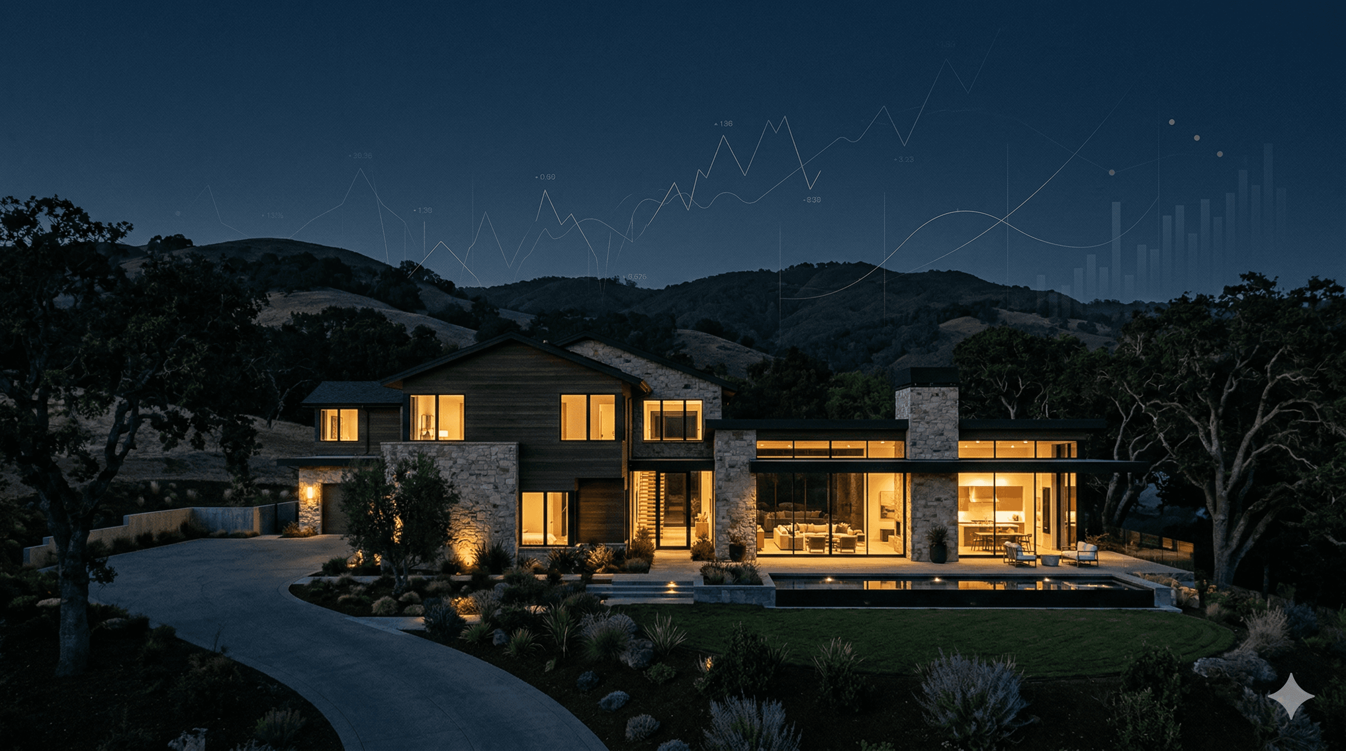 Luxury Danville CA home at twilight with subtle stock market and interest rate graphics illustrating 2026 real estate uncertainty and the gap between headlines and local housing reality.