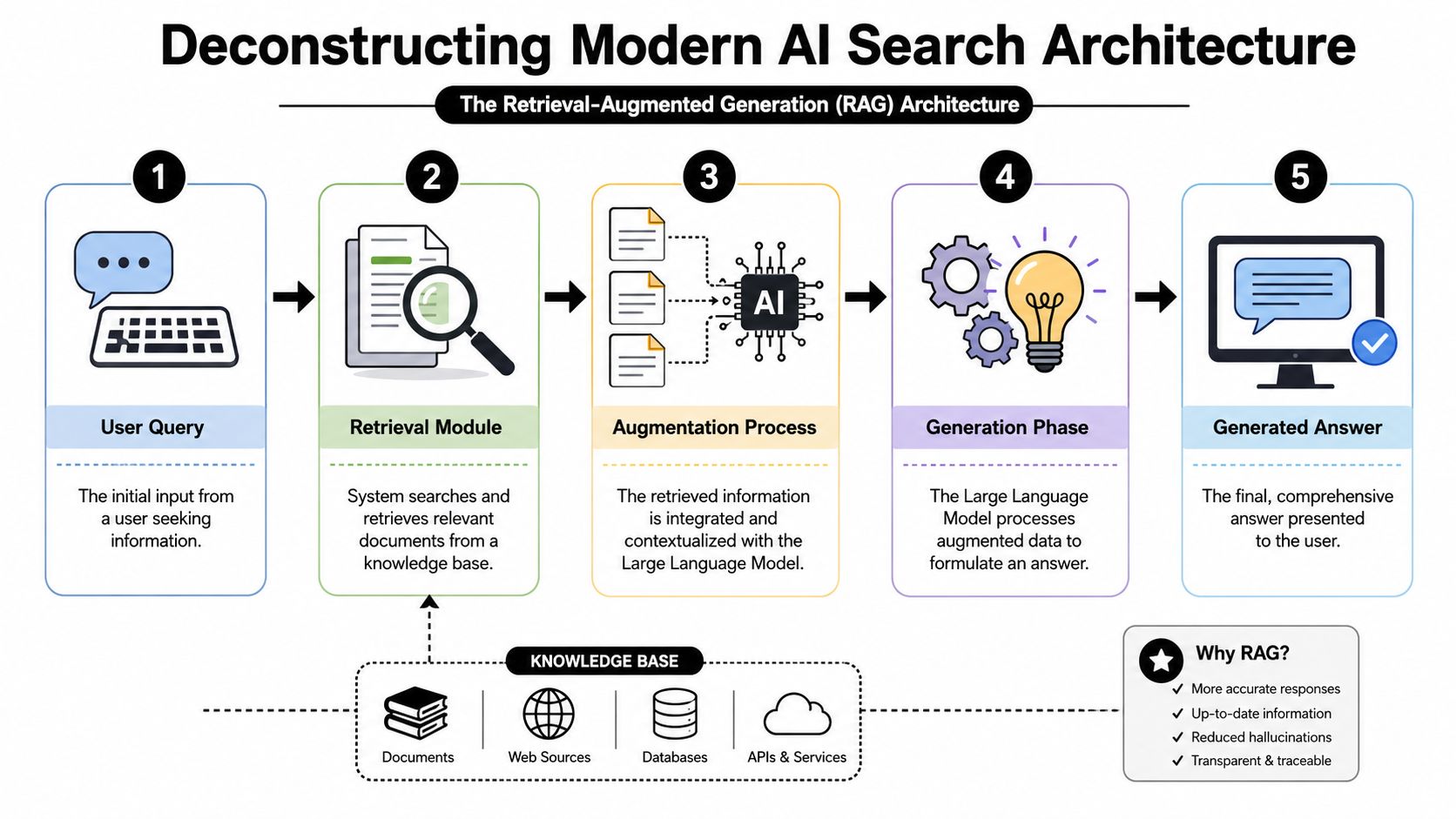 A diagram illustrating the five-step retrieval-augmented generation process used in modern AI search engine architectures.