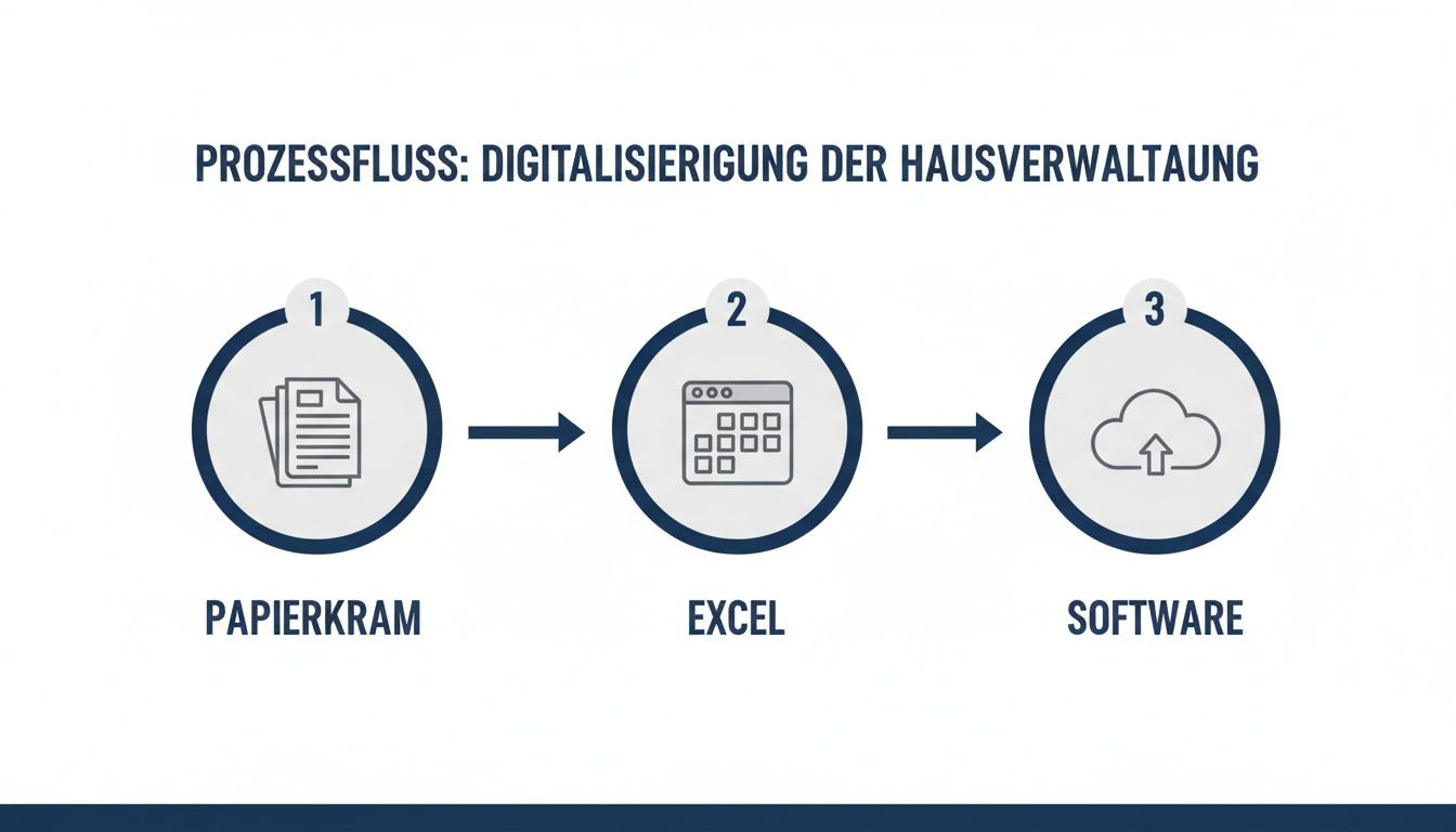 Prozessfluss zur Digitalisierung der Hausverwaltung, von Papierkram über Excel zu moderner Softwarelösung in der Cloud.