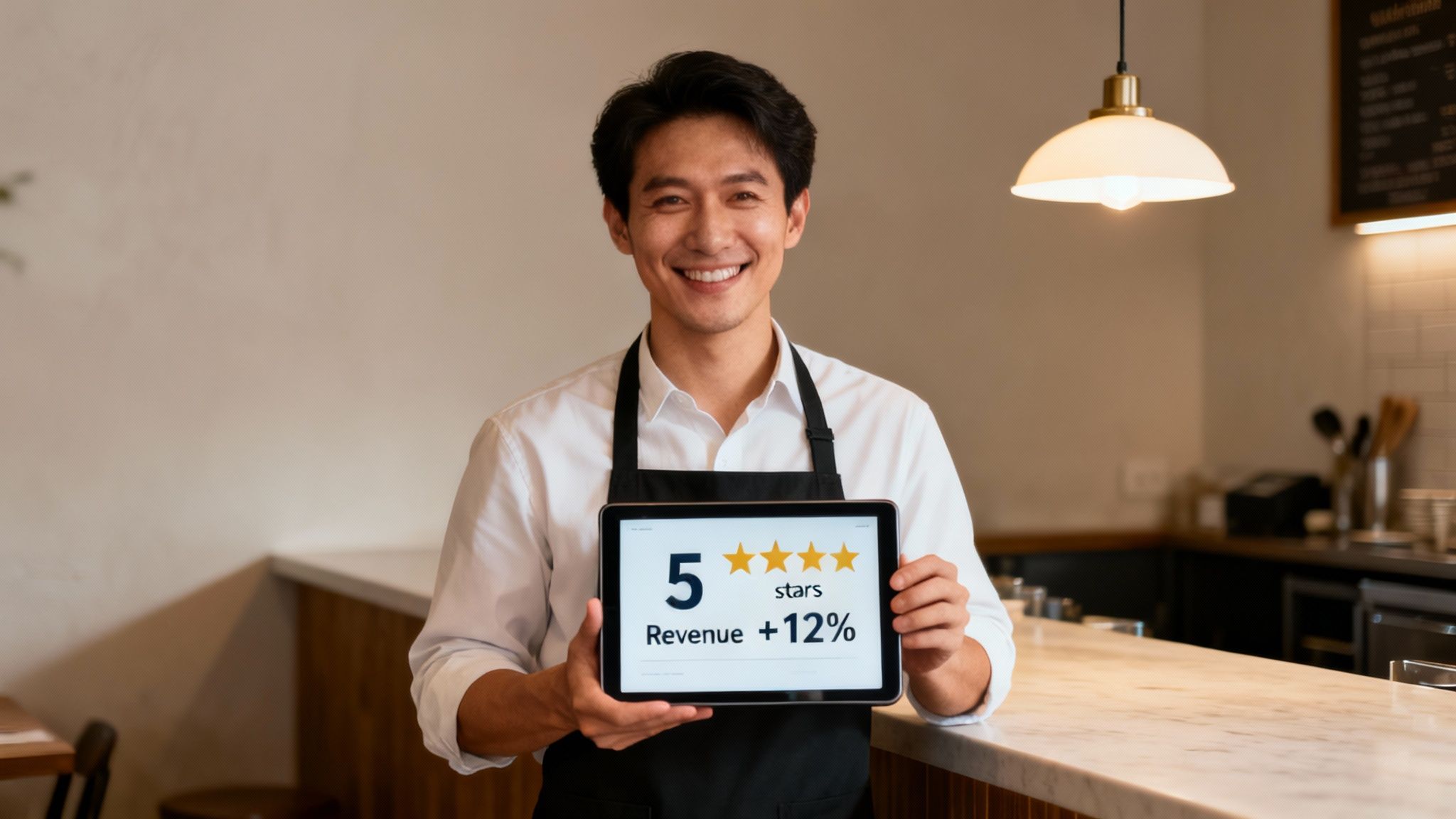 Smiling cafe owner displays a tablet showing 5 stars and a 12% revenue increase.
