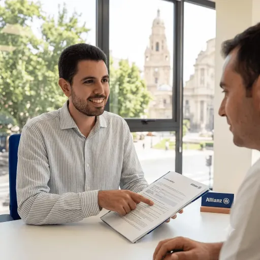 Asesor de seguros en Murcia explicando coberturas a un cliente en su oficina.