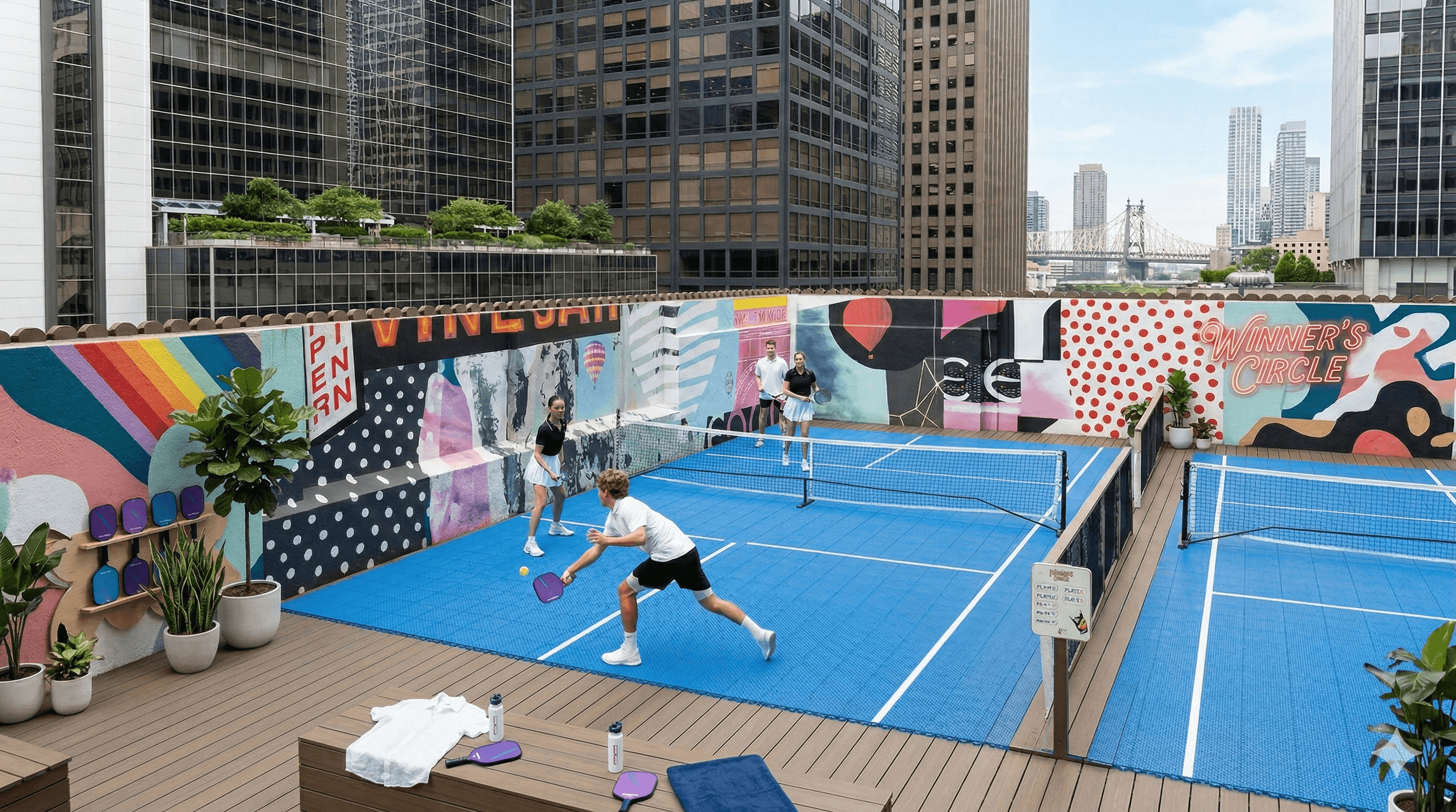 室內專業匹克球場及籃球場藍色運動地板，具備止滑耐磨性能的高性能體育館地坪工程設計。