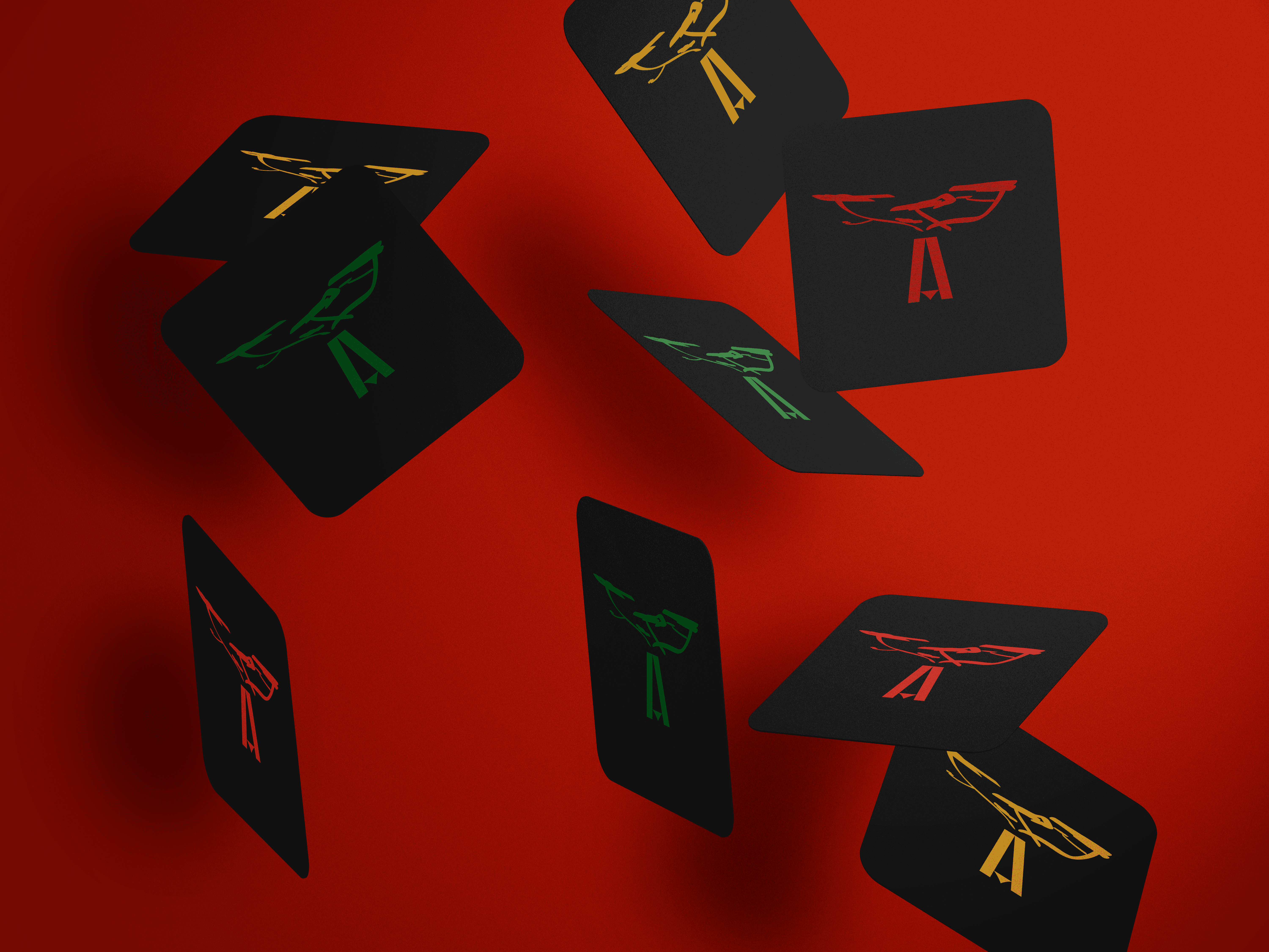 Black square cards with abstract bird-like logos in red, green, and gold floating on a red backdrop.