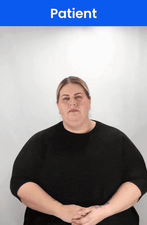 Animated GIF: a Deaf signer signs PATIENT in ASL, a P handshape at the front of the opposite shoulder.