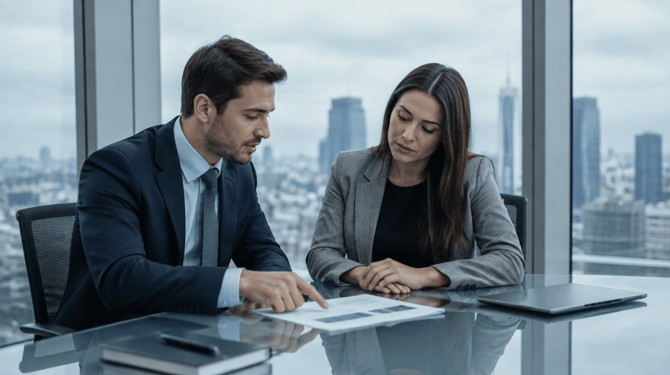 a man and a women meeting in an office with a glass desk and paper work on the desk for transferable tax credits