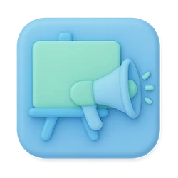 Blue 3D icon of a presentation board and megaphone symbolizing Qubi Campaign Studio (CMS) for managing brand campaigns