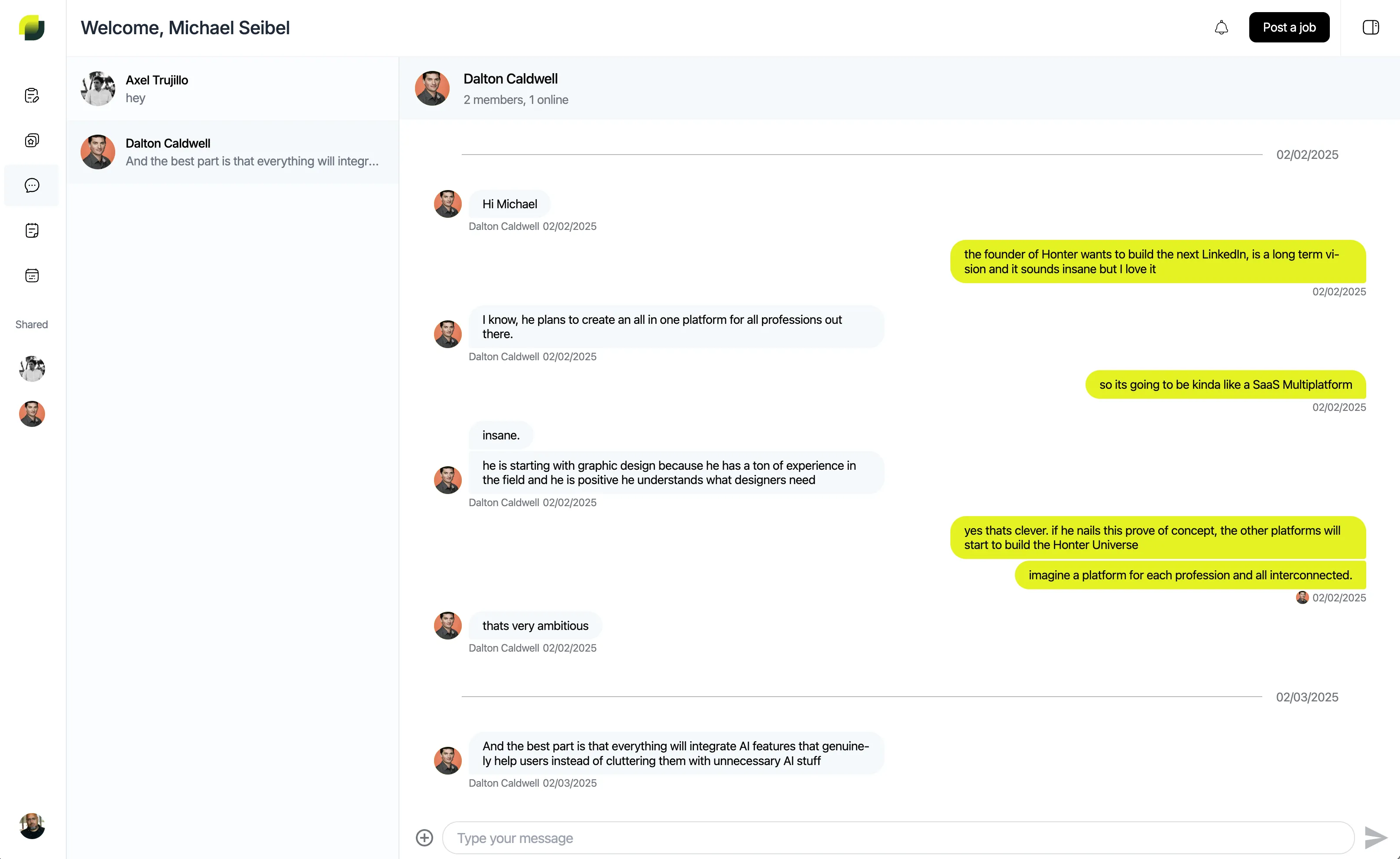 Interfaz de chat instantáneo en Honter entre diseñadores y clientes tras hacer match