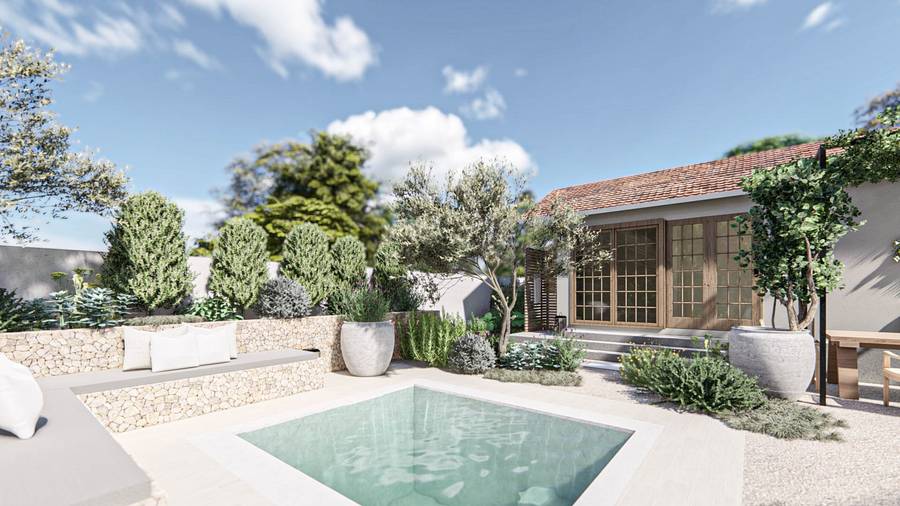 Modern backyard landscape design with a small pool, outdoor seating, greenery, and a renovated home exterior.