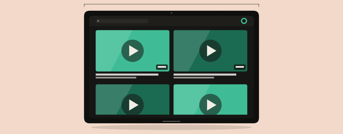 Animated horizontal tablet in landscape with a two-column grid of emerald widescreen video thumbnails scrolling upward on rose cream — tablets prefer widescreen video. Raised Media Co.
