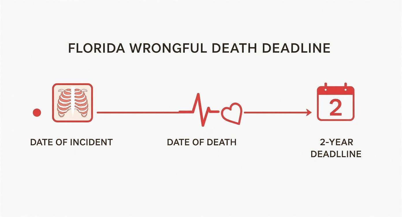 Florida wrongful death deadline timeline, showing date of incident, date of death, and a 2-year deadline.