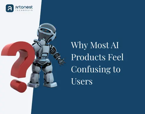 Why most AI products feel confusing to users concept showing AI robot with question mark representing complex AI user experience.
