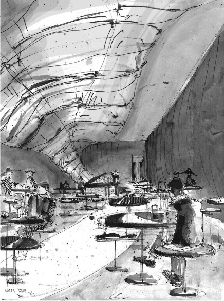 Modern interior with neutral tones, featuring seating areas, wooden floors, and large windows.