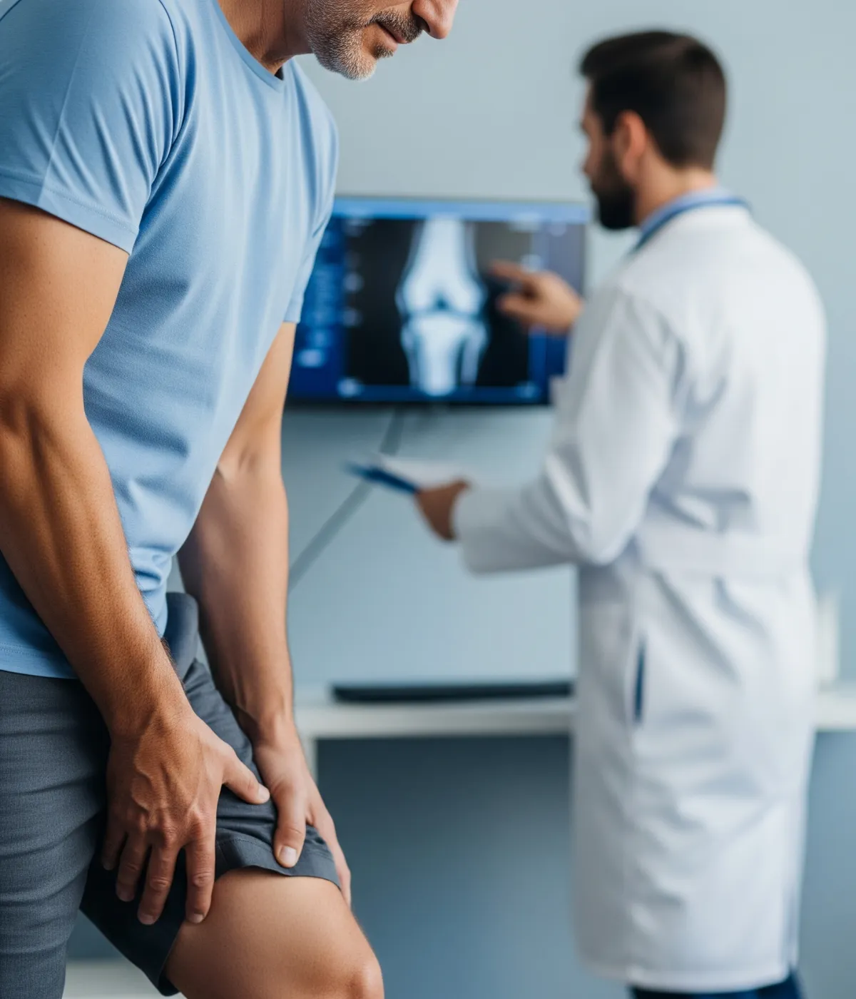A specialist explaining ACL injury with the support of an X-ray.