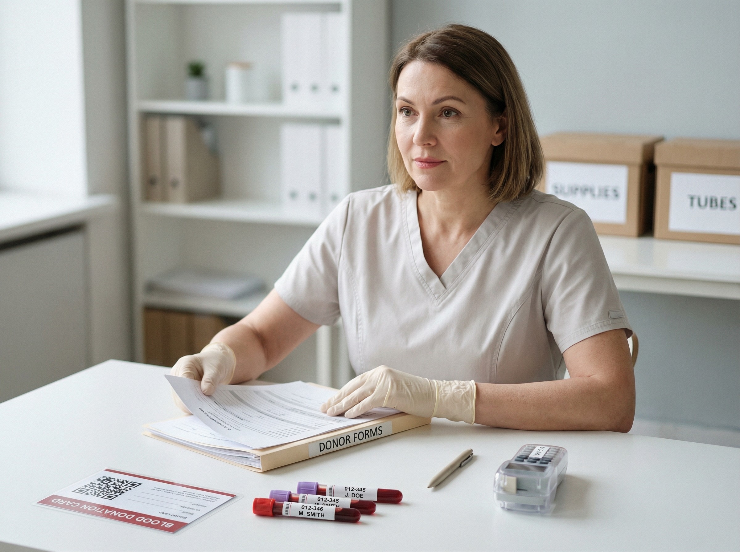 Eine Spenderkarte mit QR-Code liegt neben steril verpackten Röhrchen; eine Mitarbeiterin sortiert Formulare in eine beschriftete Mappe. Der Tisch ist ordentlich, die Arbeitsfläche klar strukturiert. Der Moment steht für Ordnung, Zugriffsbereitschaft und Nachvollziehbarkeit. Nummern und Namen sind sauber gekennzeichnet auf Etiketten.