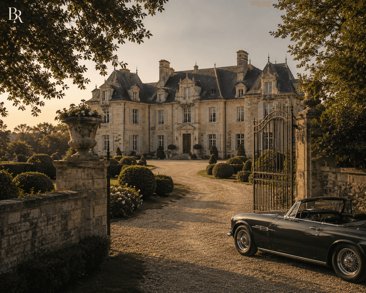 A wide landscape shot at golden hour showing the grand entrance of an elegant French-style stone chateau estate. A curved gravel driveway leads past manicured topiary bushes, stone pillars, and open wrought-iron gates toward the grand multi-story manor house. In the right foreground, a vintage British racing green convertible sports car with wire wheels and leather interior sits parked beside the stone gateway under warm evening light.