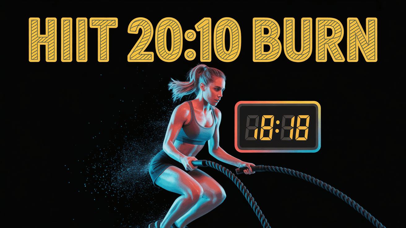 HIIT Countdown Coach Thumbnail Template featuring a focused female trainer mid-jump with battle ropes, sweat particles frozen in dramatic lighting,...