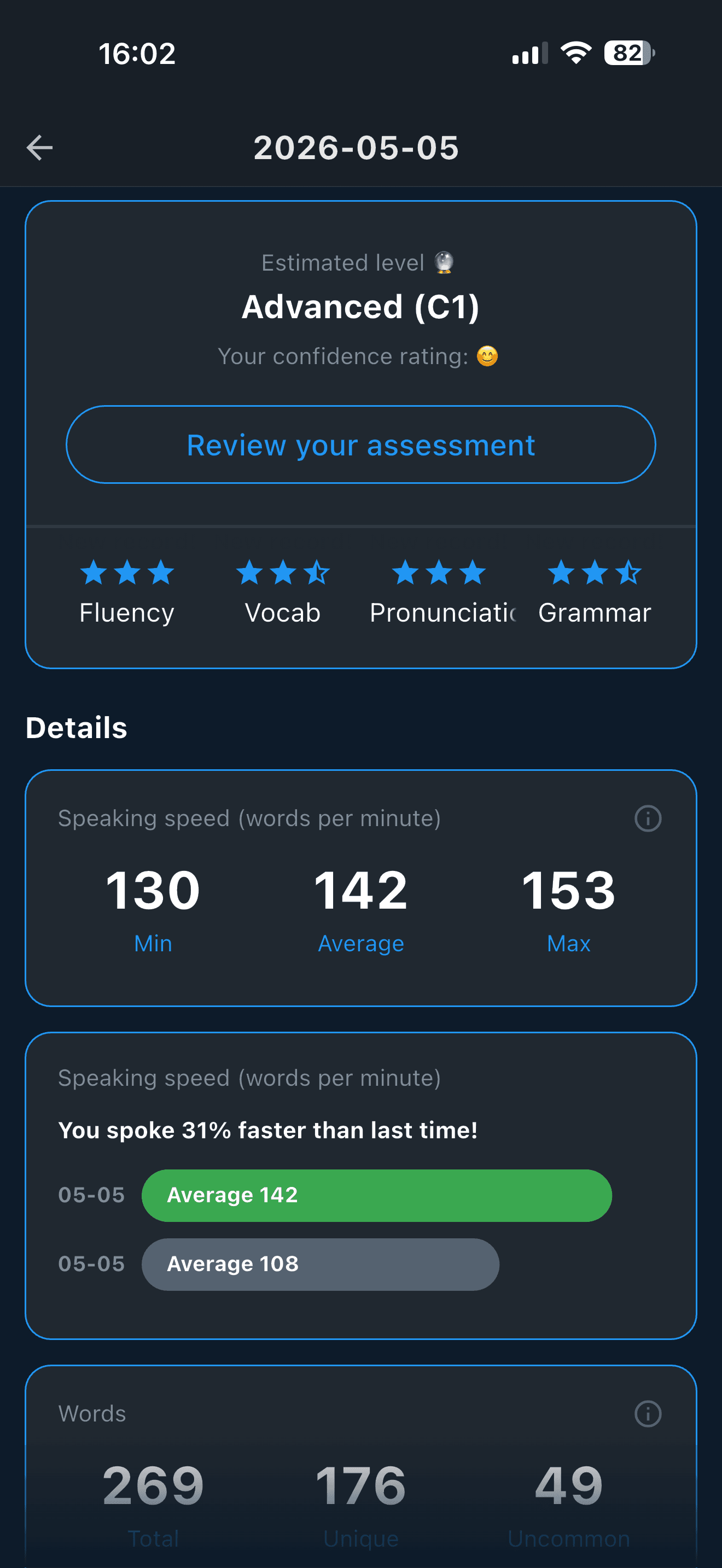 After the assessment, the AI gives a CEFR speaking level with details like speaking speed and words used, plus a replay of the full test conversation.