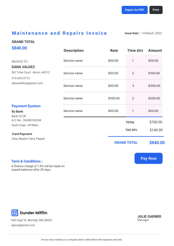 Maintenance and Repairs Invoice