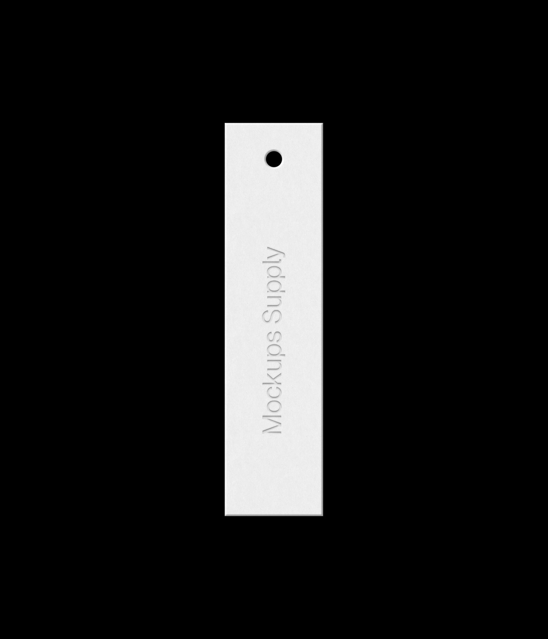 White 1x4 slim vertical hang tag mockup on black background with debossed text effect for Photoshop download psd