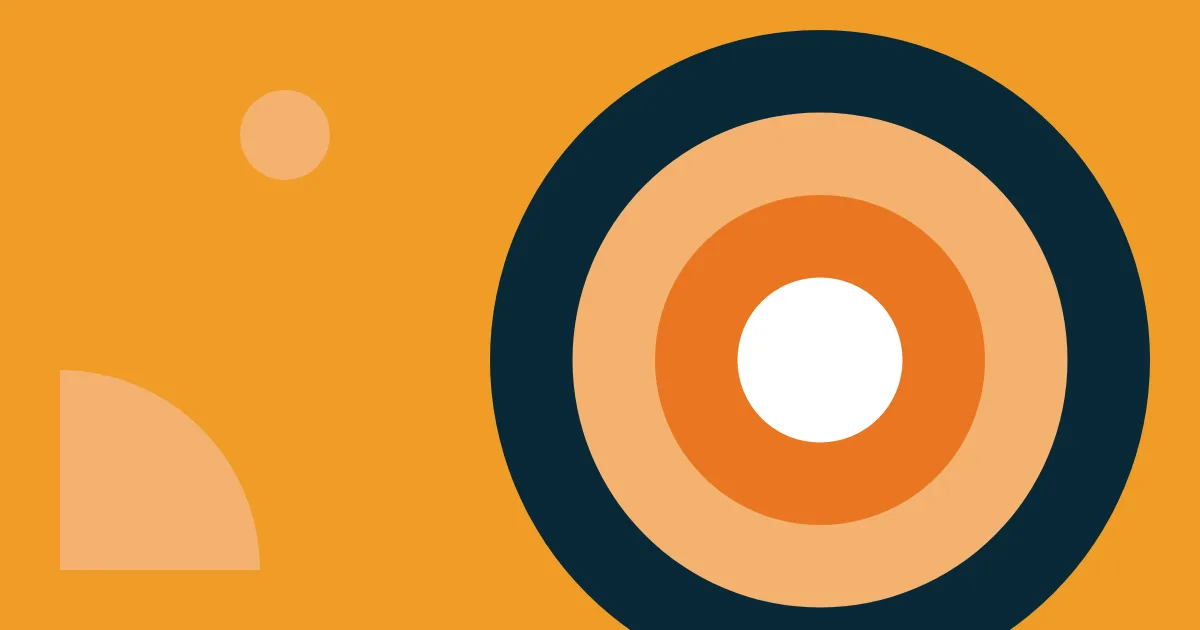 Ilustração abstrata sobre fundo âmbar, com anéis concêntricos em azul-marinho, pêssego e laranja ao redor de um círculo branco. Um pequeno círculo e uma peça em quarto de círculo aparecem à esquerda.