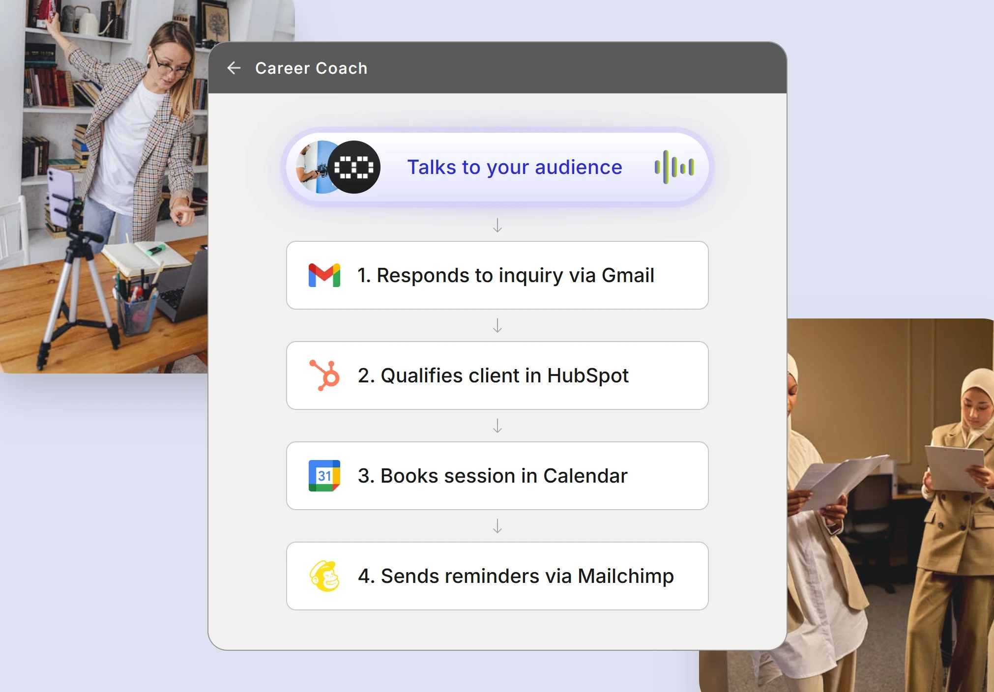 Career coach automation workflow showing client intake and booking