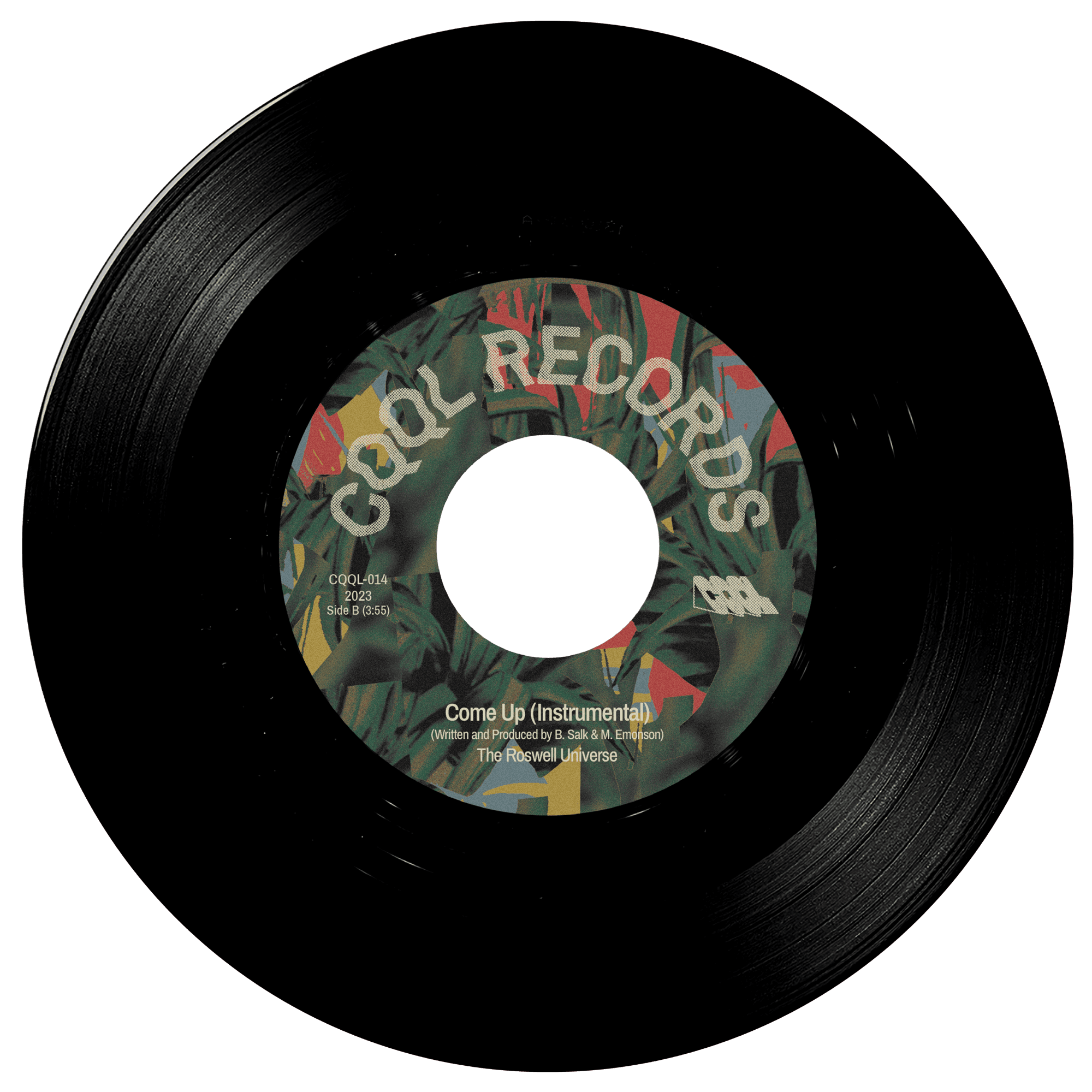 Black vinyl record with a colorful label on a white background
