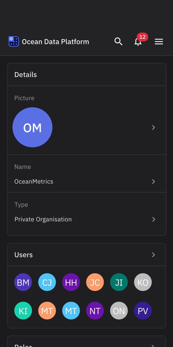 TrueOcean Marine Data Platform workspace details on smartphone