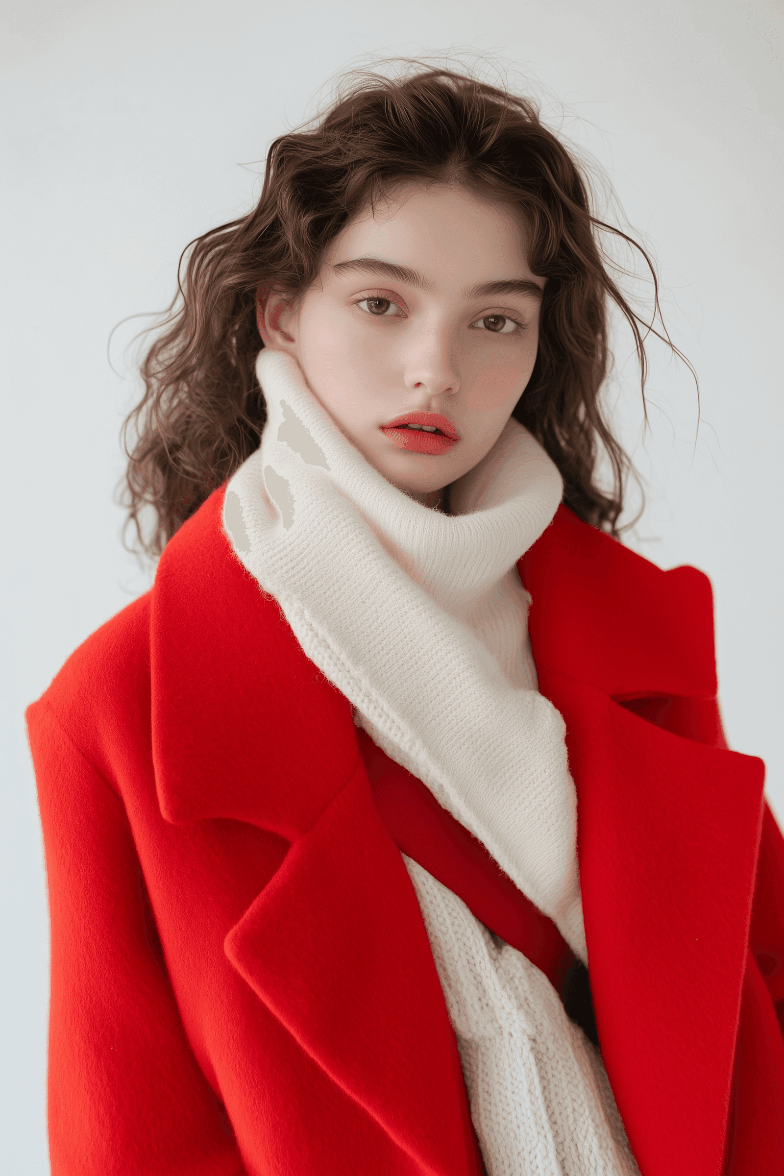 Woman in red and white scarf posing softly against clean backdrop