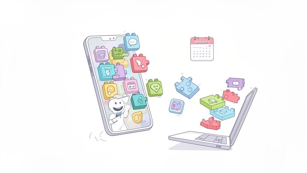 Colorful app icons resembling LEGO bricks flow from a smartphone to a laptop, illustrating no-code development.