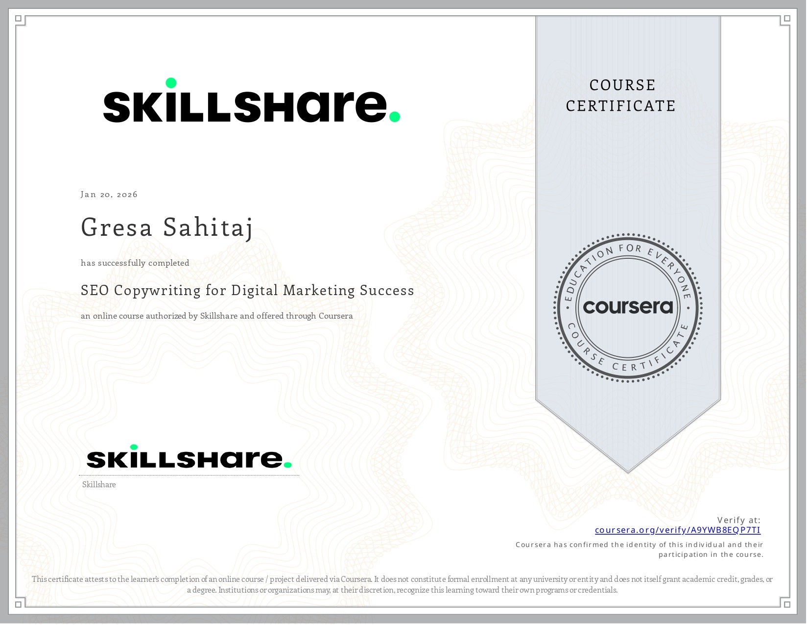 Certificate Skillshare