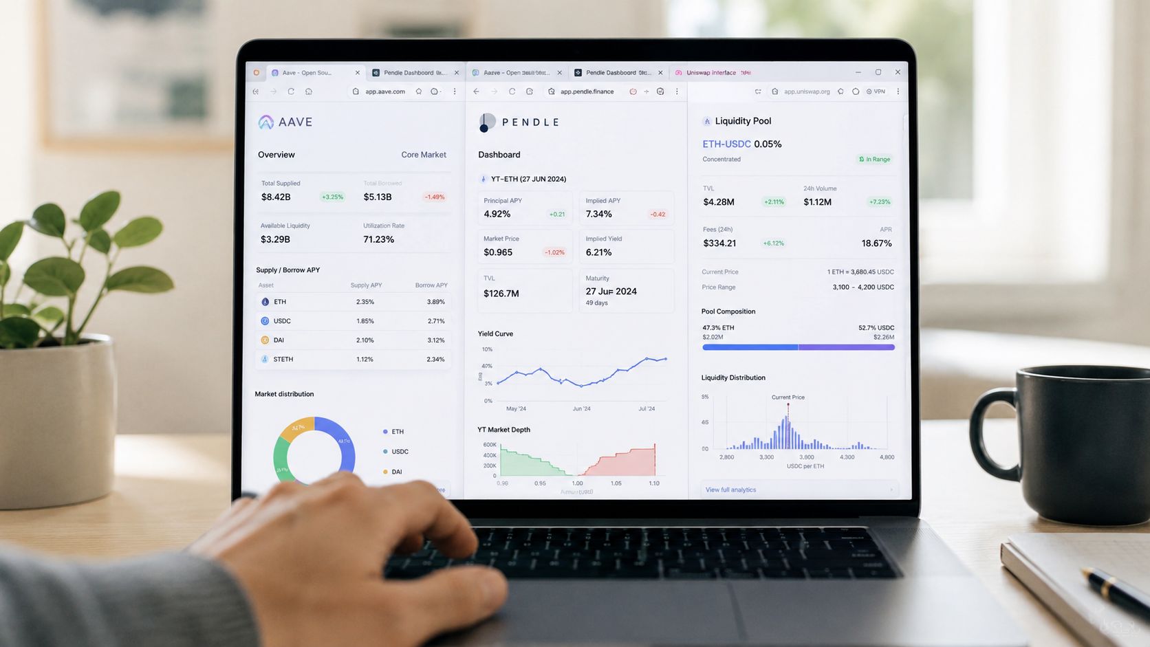 A person using a laptop to monitor cryptocurrency financial dashboard data with multiple market analysis applications.