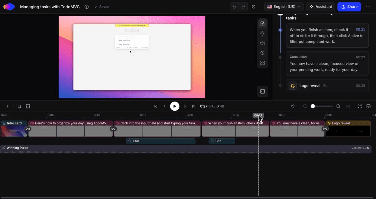 An AI-generated how-to video in Clevera's timeline editor, with the step-by-step script beside the preview