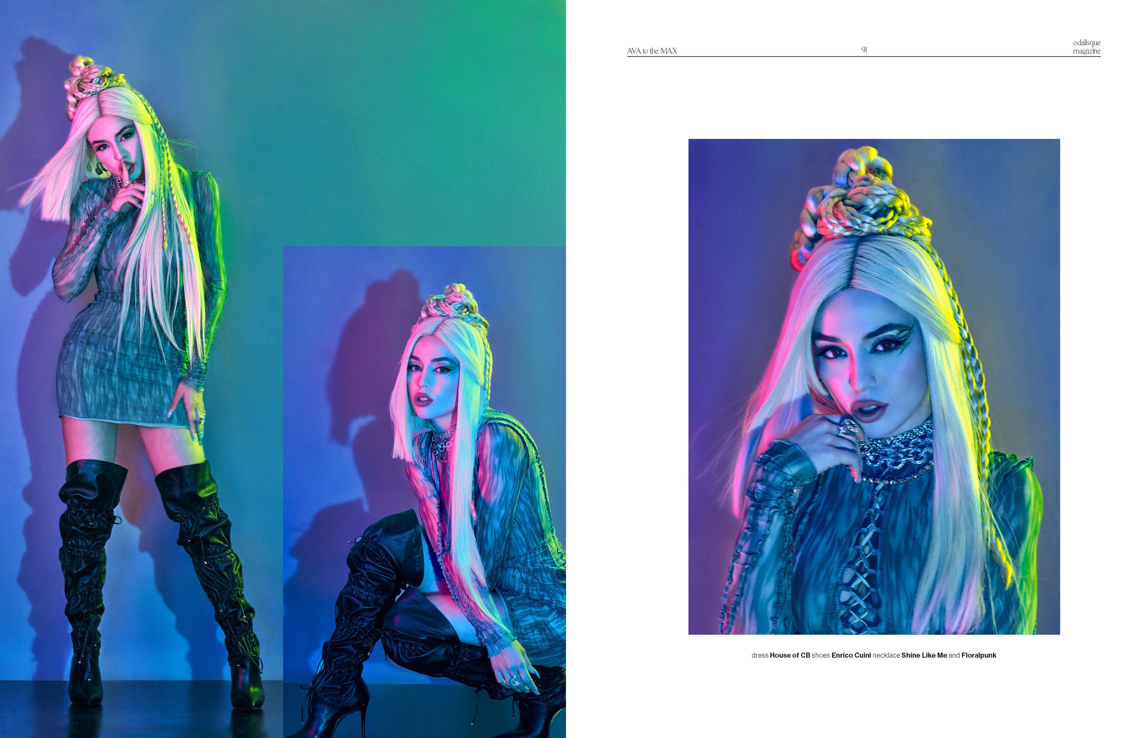 Three colourful portraits of Ava Max arranged as a varied image sequence.