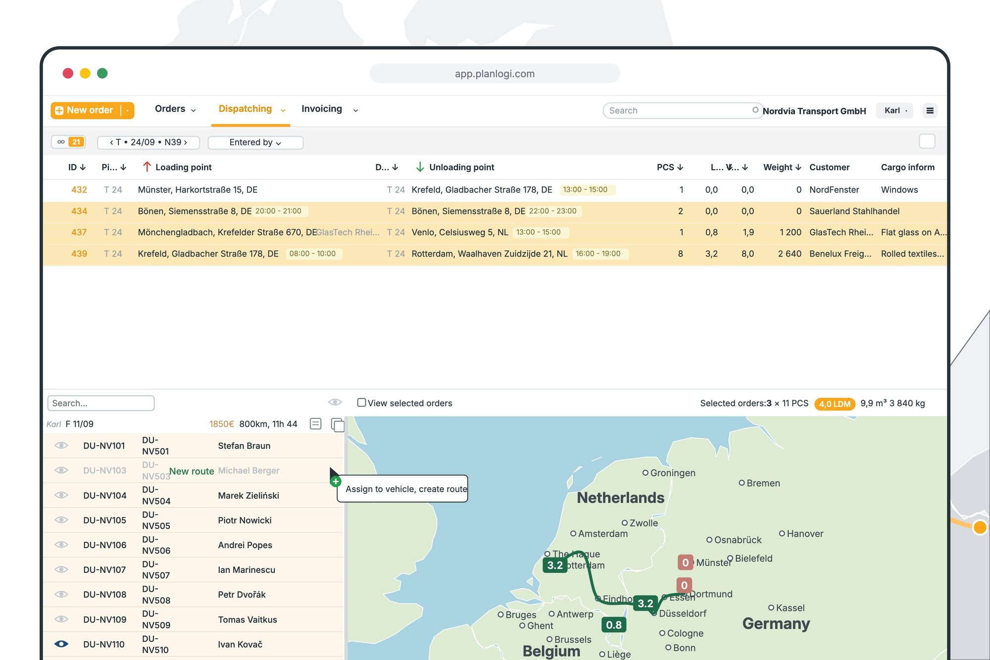 Planlogi dispatching view: order table on top, truck route on the map below