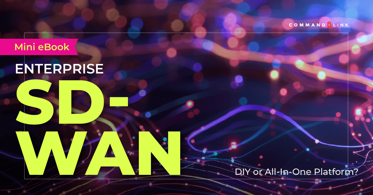 CommandLink mini eBook cover titled ‘Enterprise SD-WAN: DIY or All-in-One Platform?’ with vibrant digital network background representing data flow and connectivity