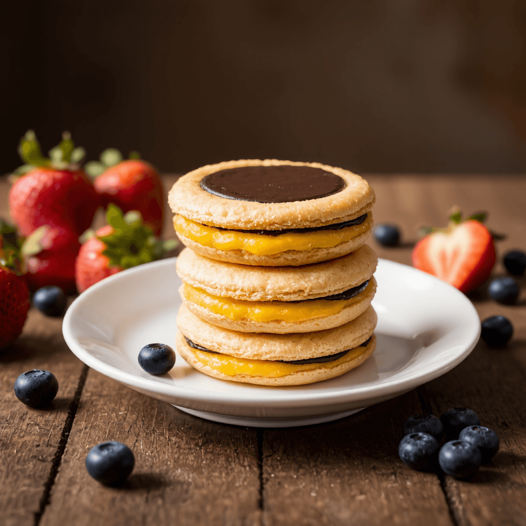 product photography of a stack of custard pastries with a chocolate layer