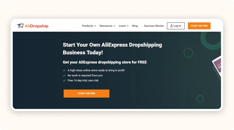 AliDropship homepage with free trial banner