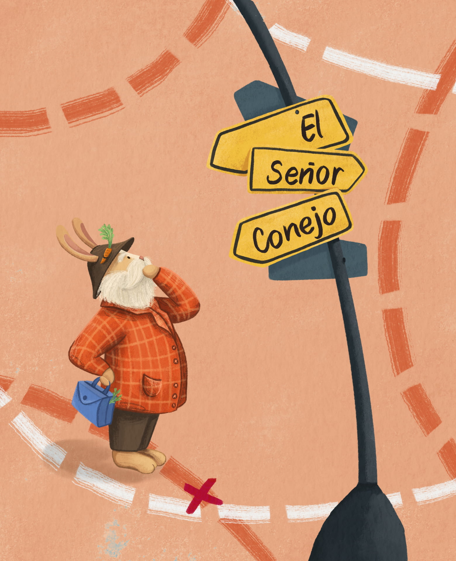 A rabbit standing at a signpost, deciding which direction to take.