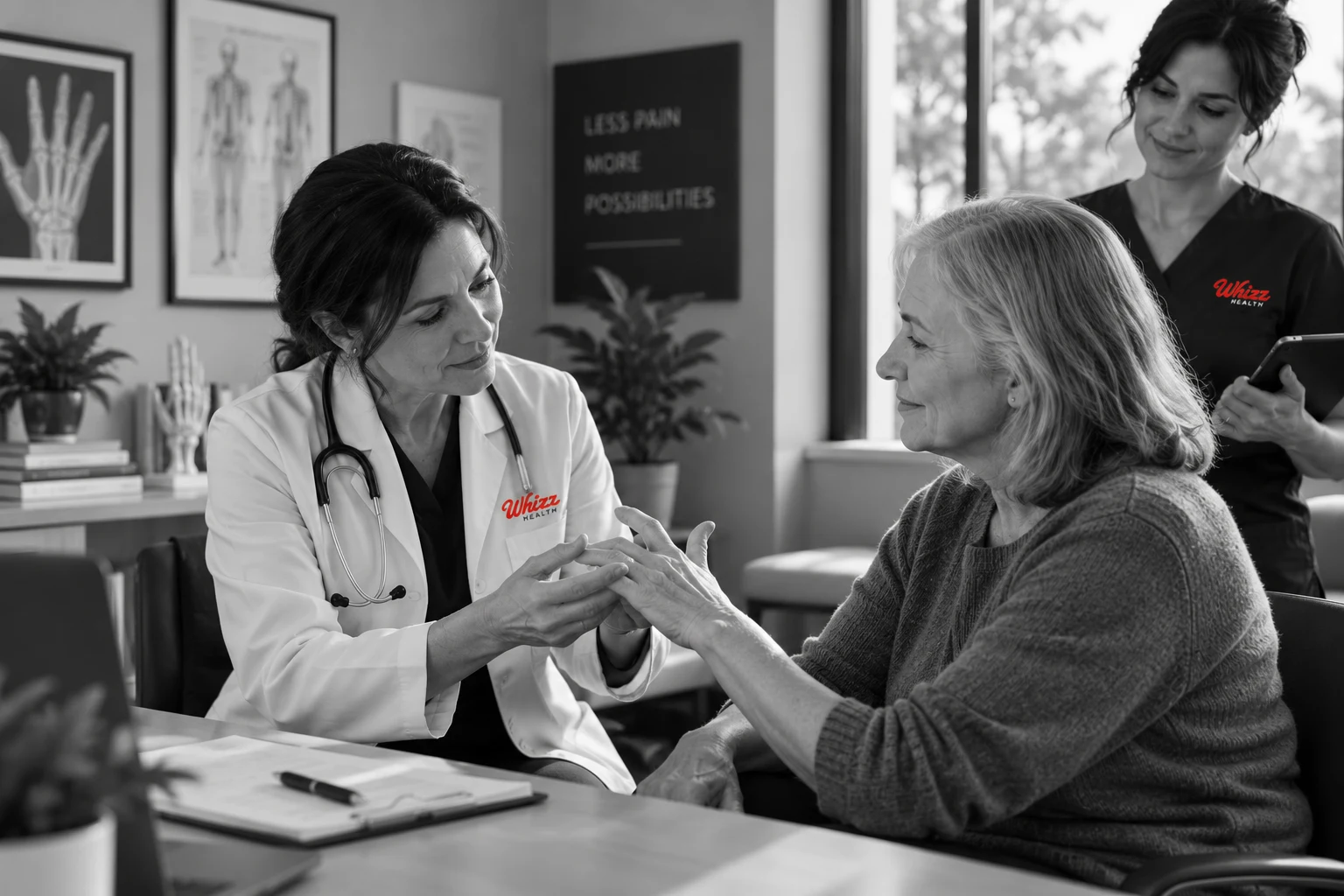 Rheumatologist examining an older patient's hand joints while a Whizz Health research coordinator takes notes