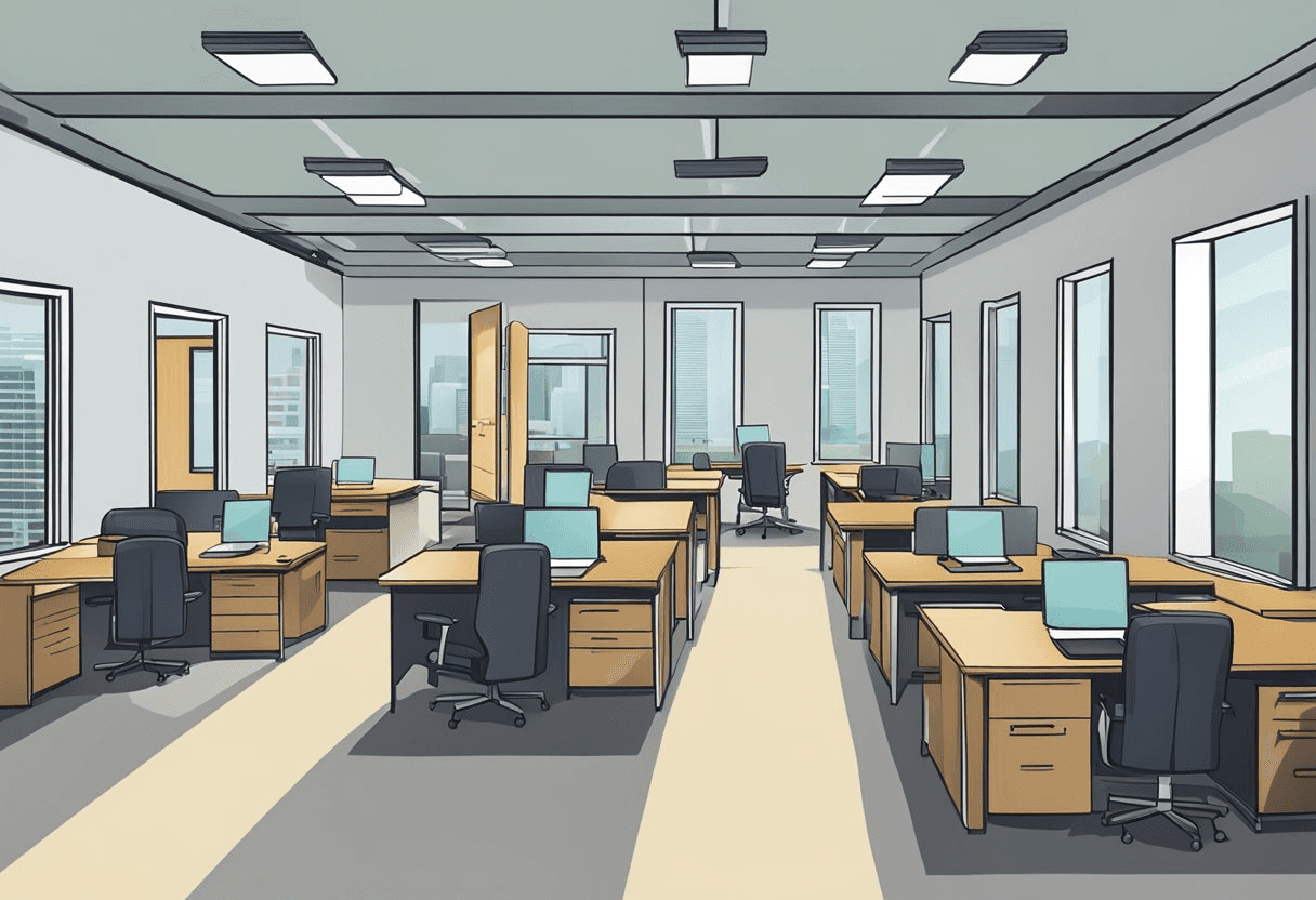 An office space with empty desks and chairs, a sign reading "Vacant" on a door, and a chart showing increasing vacancy costs