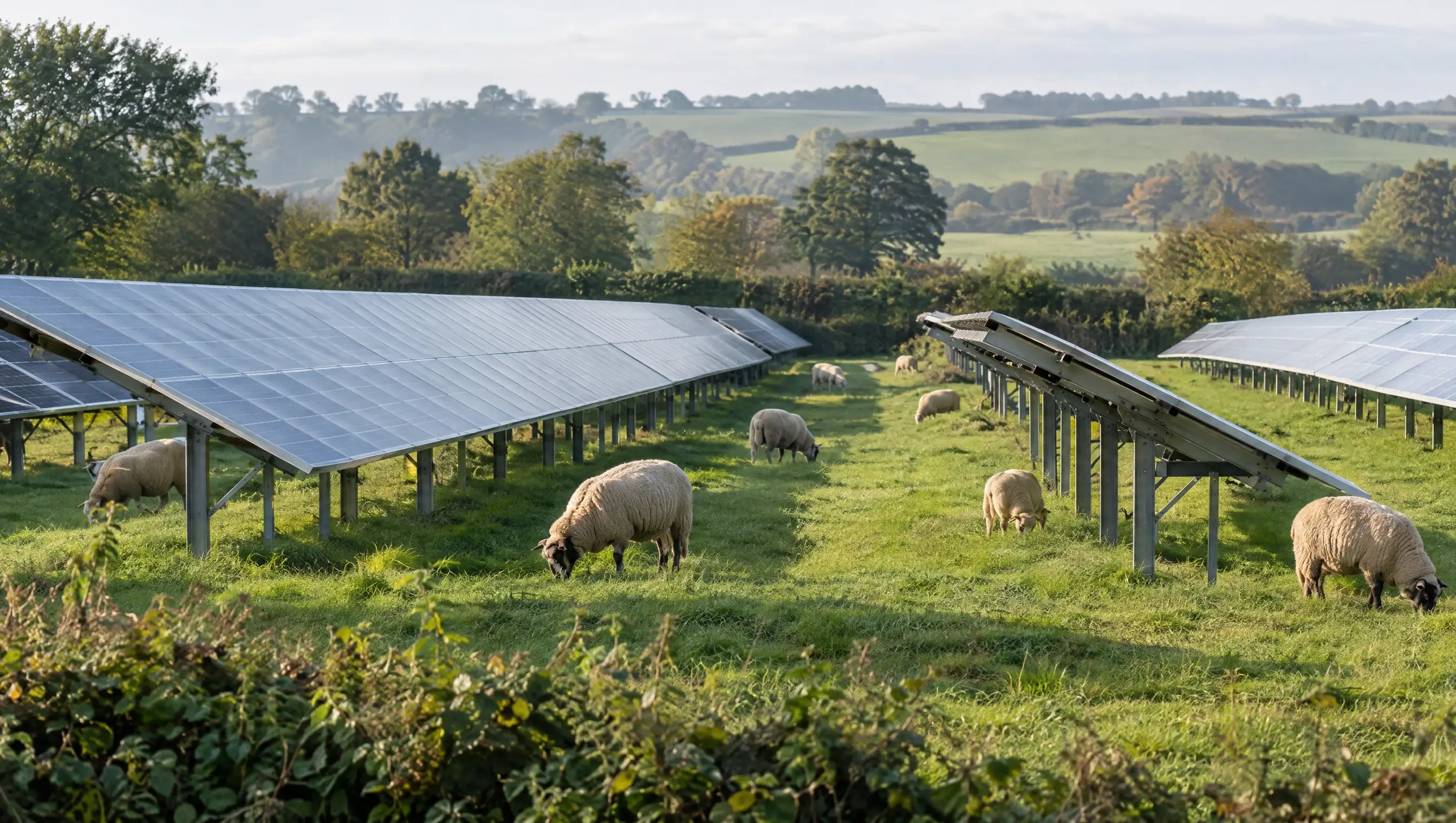 Sheep grazing between rows of ground-mounted solar panels on a farm