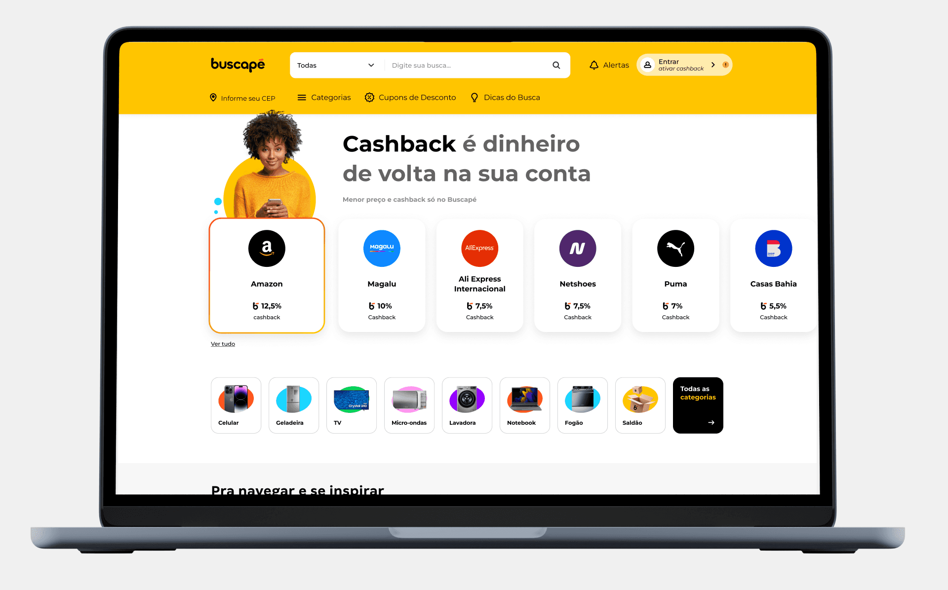 Home do site Buscapé em uma tela desktop, evidenciado o trilho de cashback no topo seguido do trilho de categorias