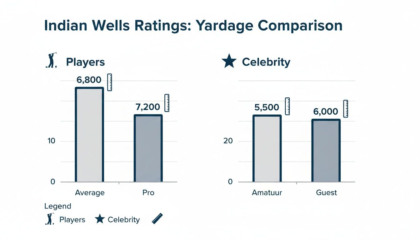 Bar chart comparing Indian Wells golf yardage for players and celebrities, showing average, pro, amateur, and guest distances.