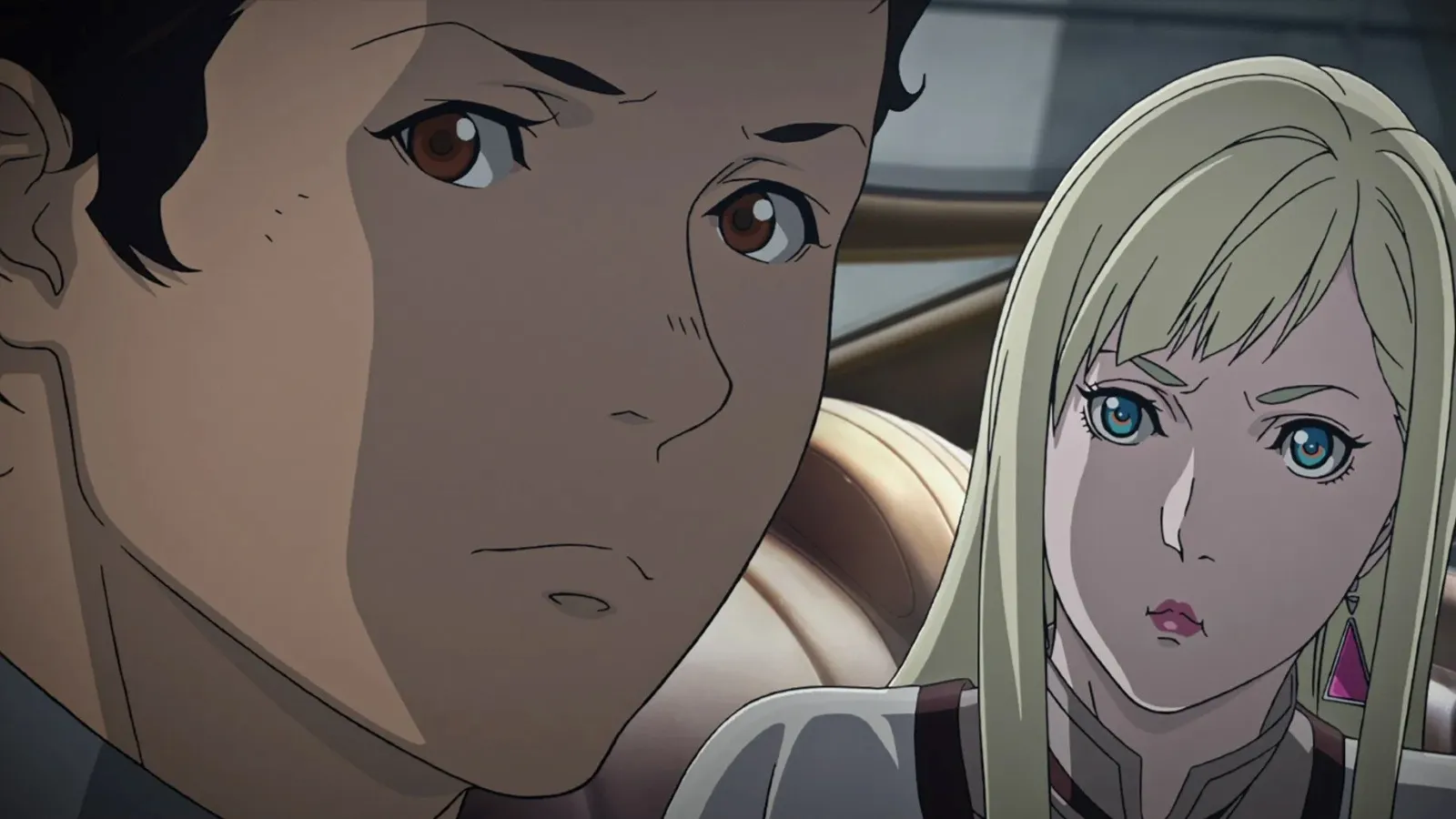 A scene from an anime featuring an intense interaction between two characters, with a dark-haired man looking forward thoughtfully and a blonde woman with expressive eyes appearing surprised, set against a muted interior background.