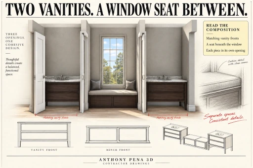 Bathroom cover showing two matching vanities on either side of a cushioned window seat.