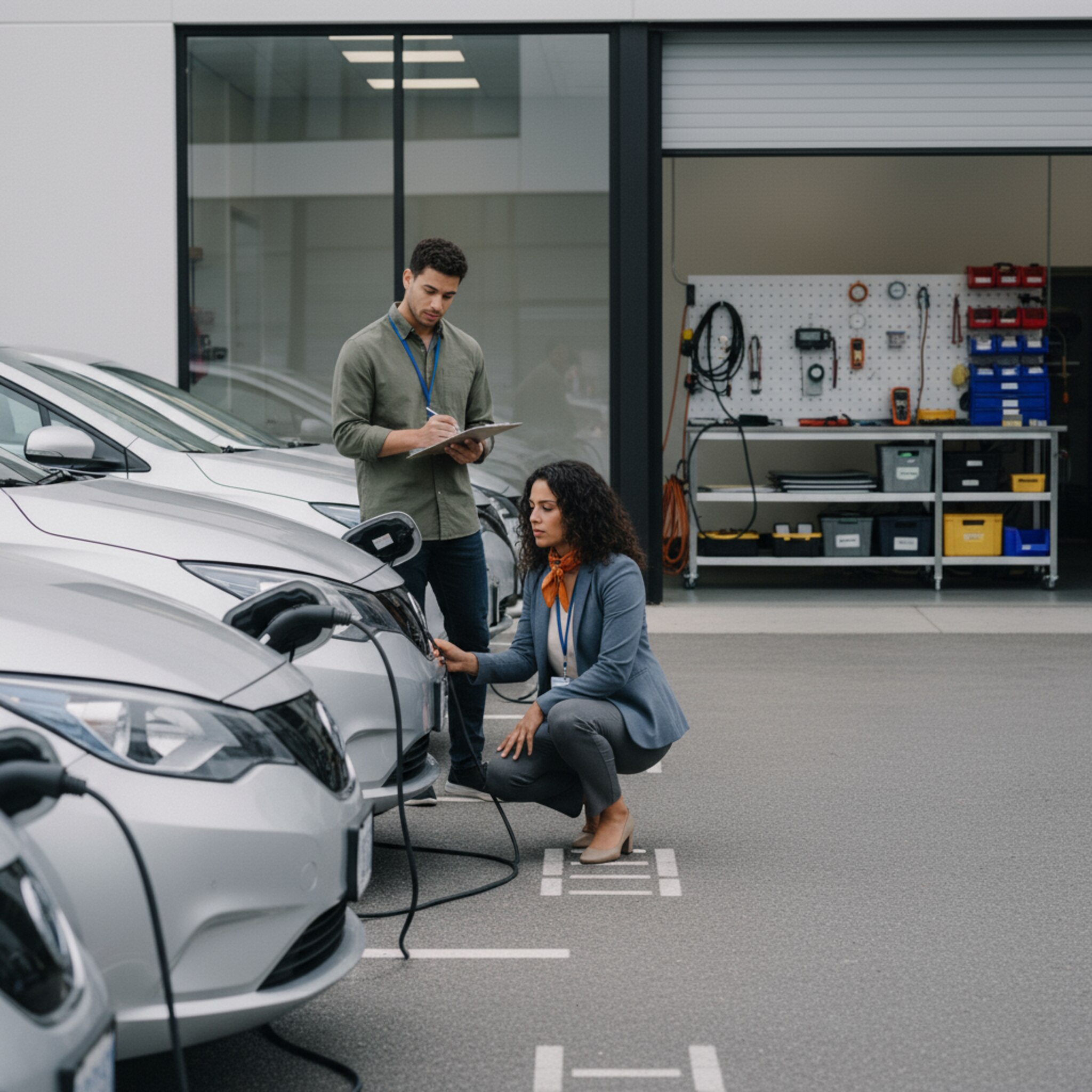 Auf dem Parkplatz eines Headquarters steht eine Reihe silberner Poolfahrzeuge. Eine Mitarbeiterin überprüft Reifendruck und Ladekabel, während ein Kollege ein Übergabeformular auf Klemmbrett notiert. In einer Werkstatt nebenan liegen Messgeräte ordentlich bereit. Die Szene zeigt geordnete Vergabe und verantwortungsvolle Nutzung.